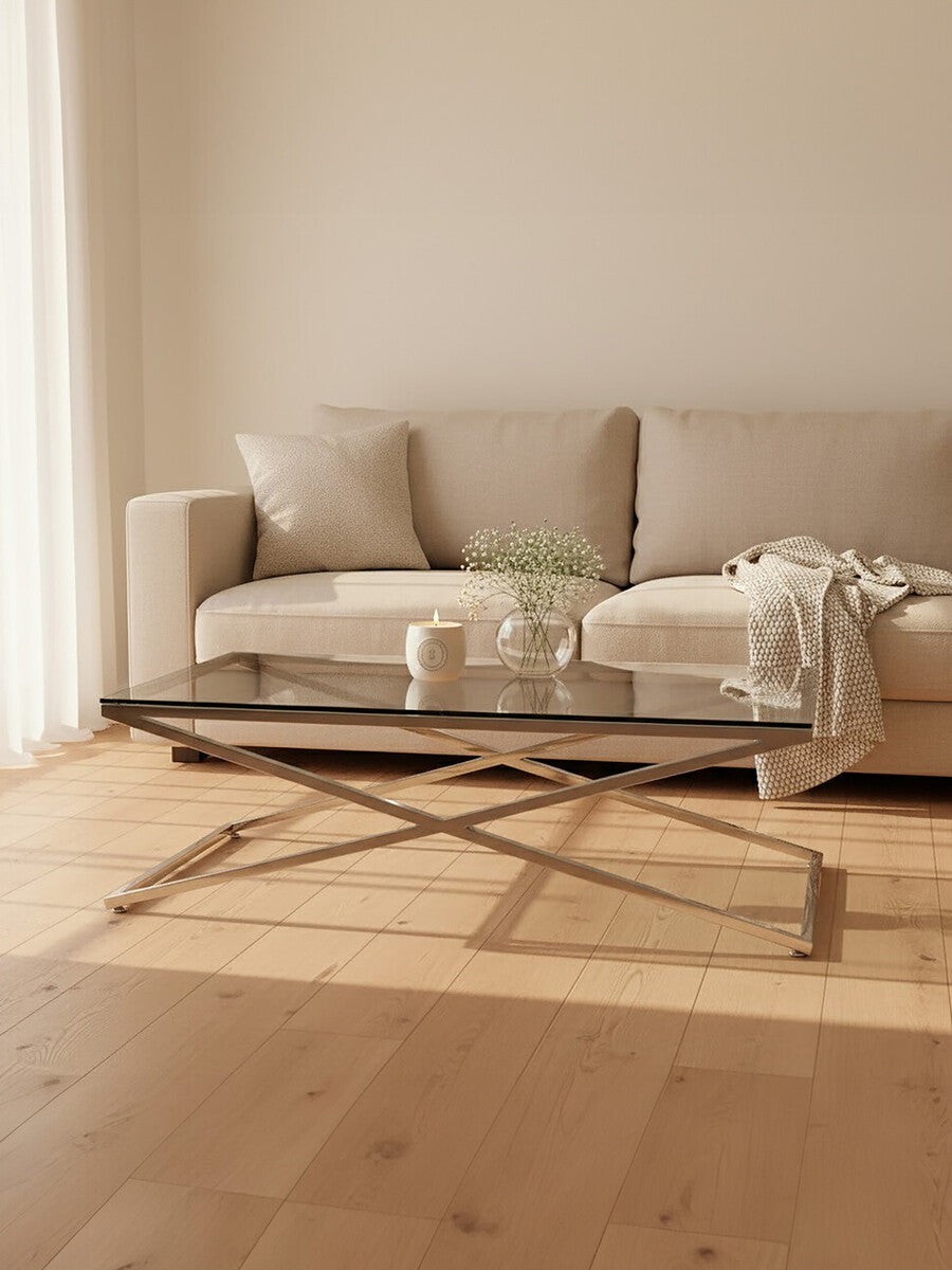 Orsina Montril Glass Coffee Table | Modern Black Criss Cross Base