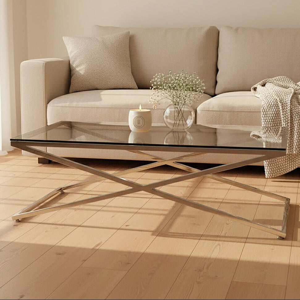 Orsina Montril Glass Coffee Table | Modern Black Criss Cross Base