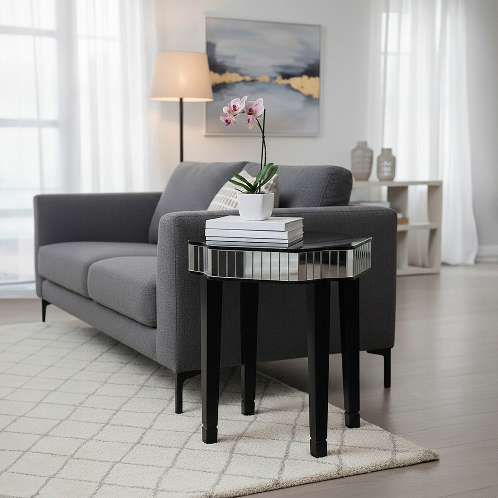 Orsina Clavier Black and Mirrored Side Table – Modern Bedside Accent