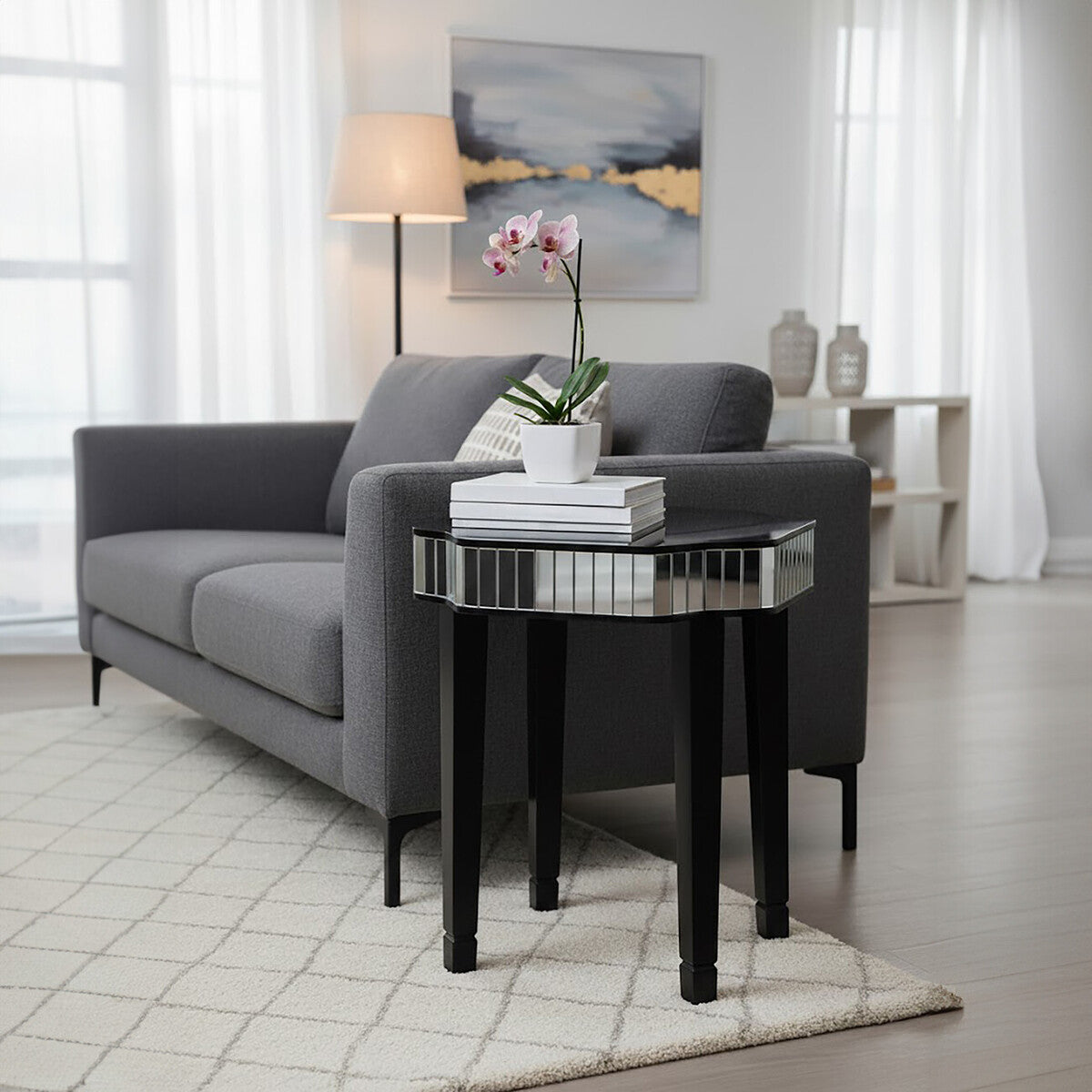 Orsina Clavier Black and Mirrored Side Table – Modern Bedside Accent