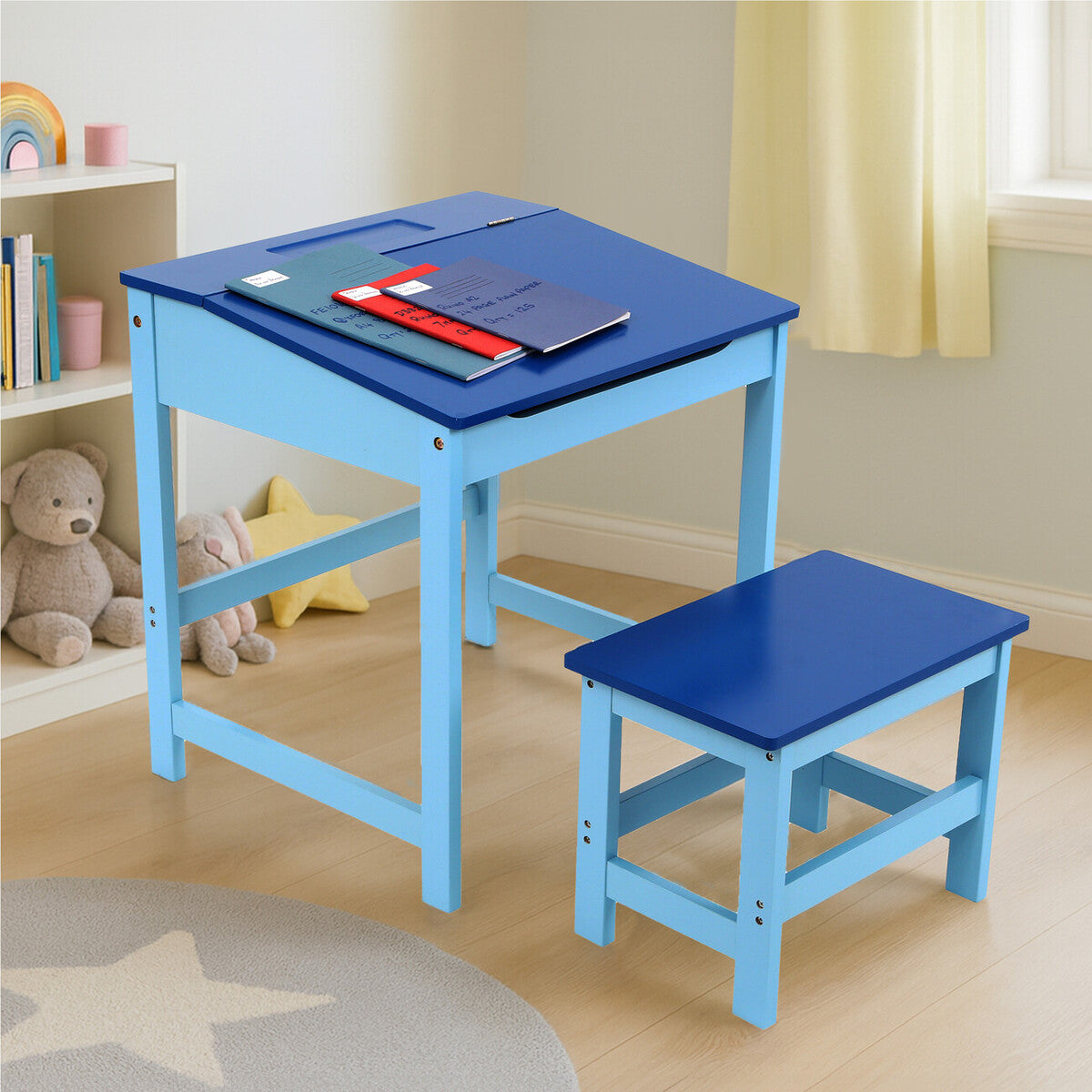 Orsina Jordan Children's Blue Desk and Stool Set – Lift Top Storage