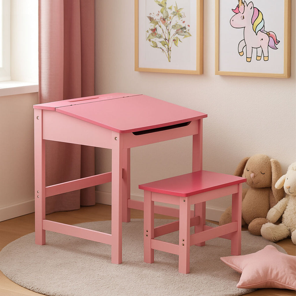 Orsina Jordan Children's Pink Desk and Stool Set with Lift-Top Storage