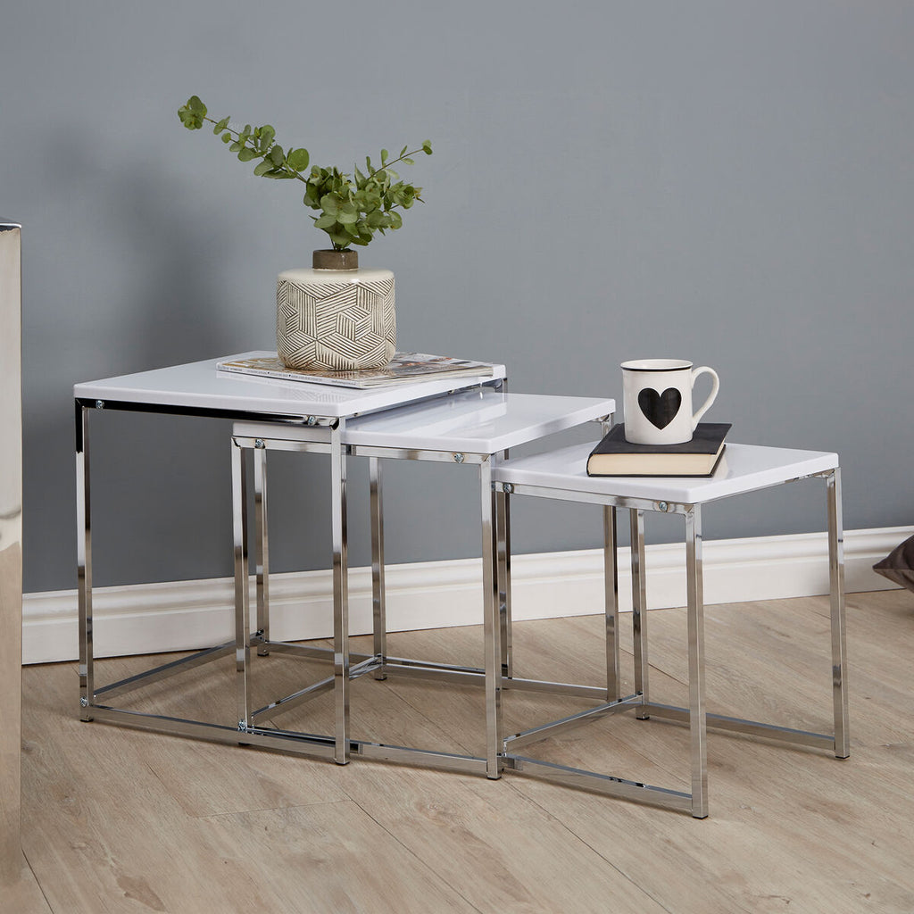 Orsina Fulton Nest of 3 Tables | Matte White & Chrome Nesting Tables