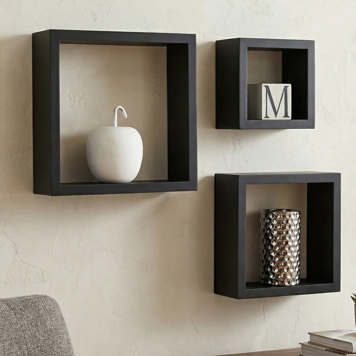 Orsina Kayli Black Wall Cubes – Set of 3 Floating Display Shelves