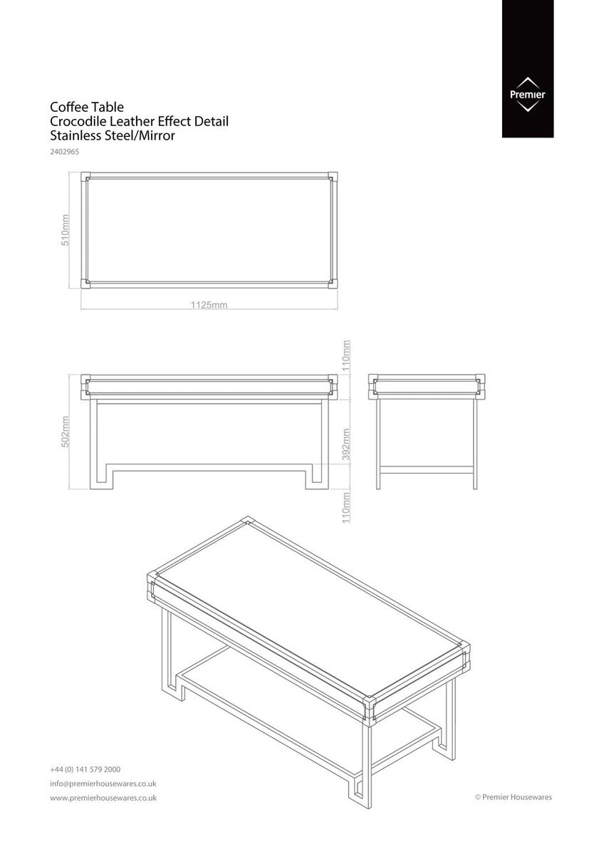 Orsina Carla Mirrored Coffee Table – Black Crocodile Leather Effect