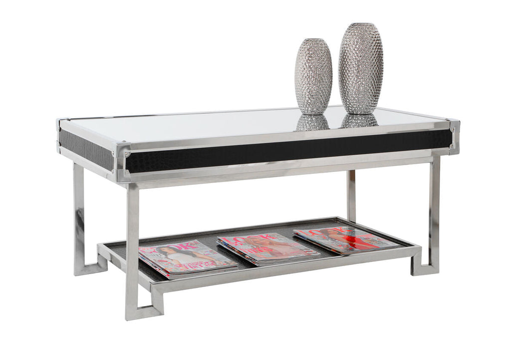 Orsina Carla Mirrored Coffee Table – Black Crocodile Leather Effect