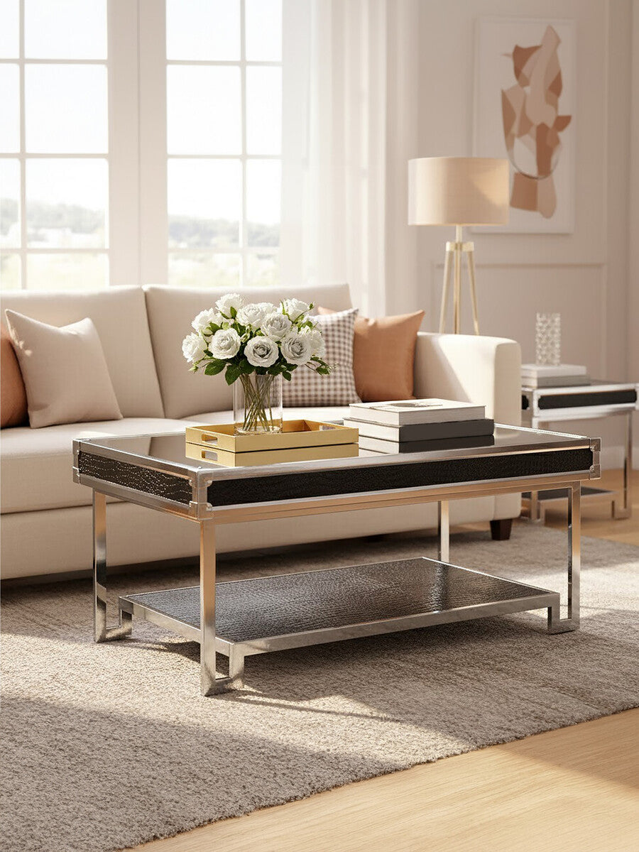 Orsina Carla Mirrored Coffee Table – Black Crocodile Leather Effect