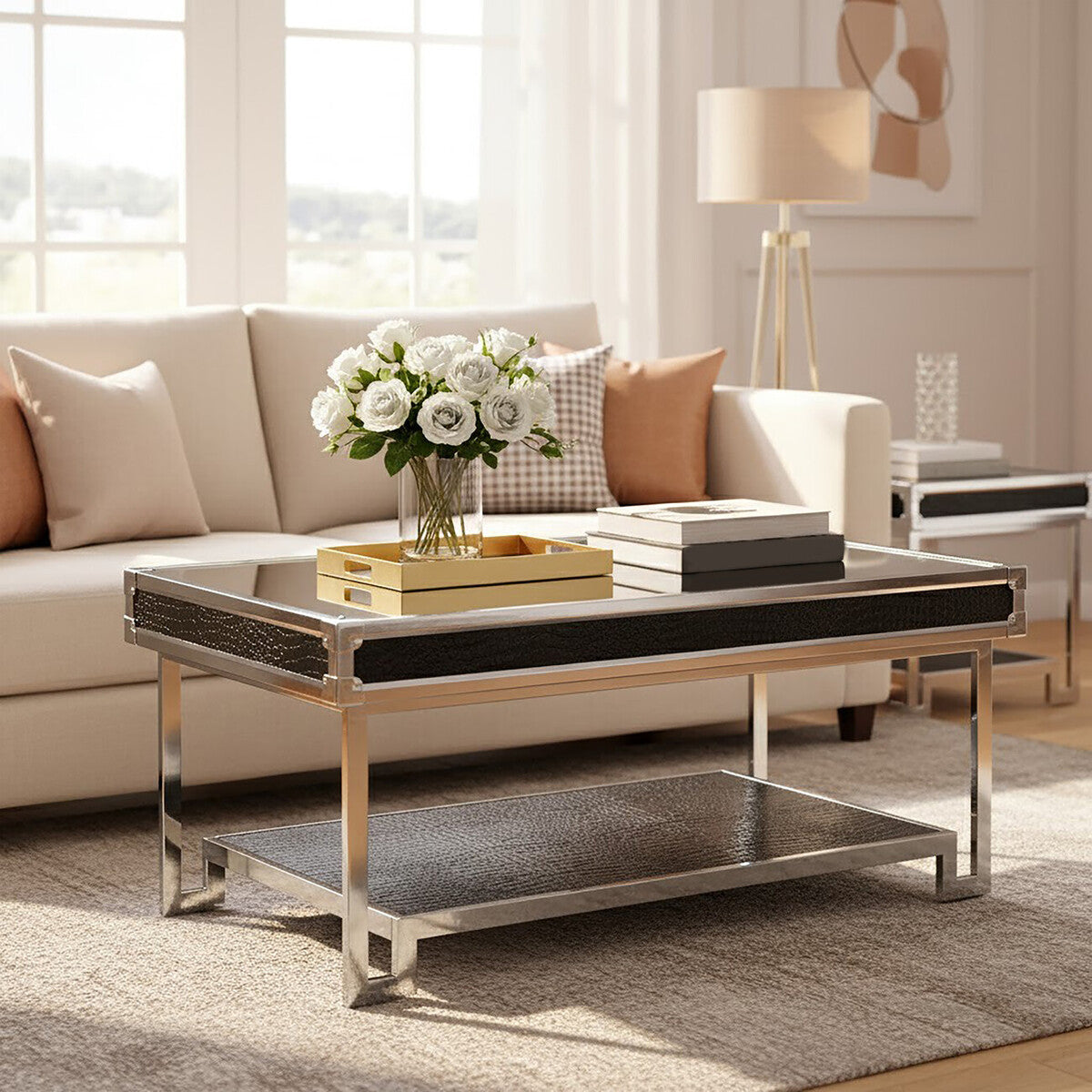 Orsina Carla Mirrored Coffee Table – Black Crocodile Leather Effect