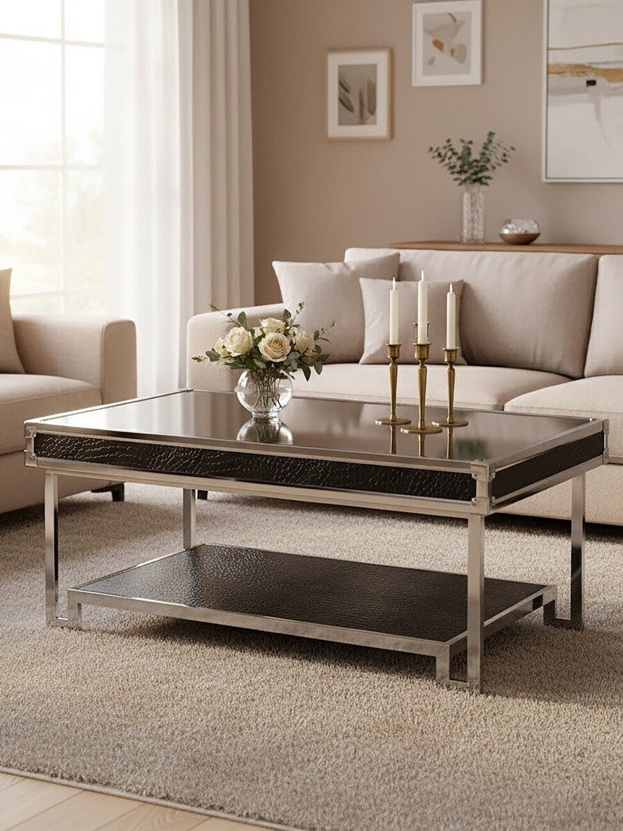 Orsina Carla Mirrored Coffee Table – Black Crocodile Leather Effect