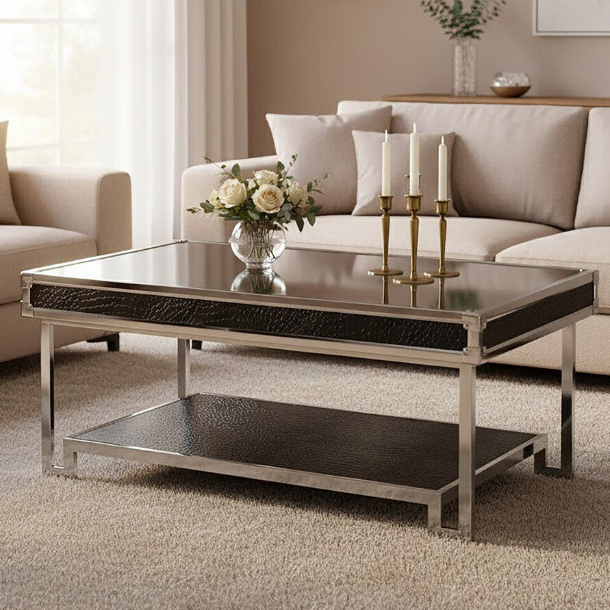 Orsina Carla Mirrored Coffee Table – Black Crocodile Leather Effect