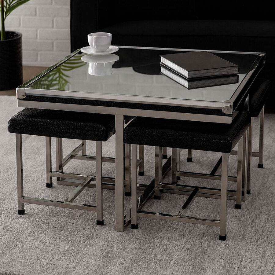 Orsina Carla 5-Piece Crocodile Leather Effect Coffee Table and Stool Set