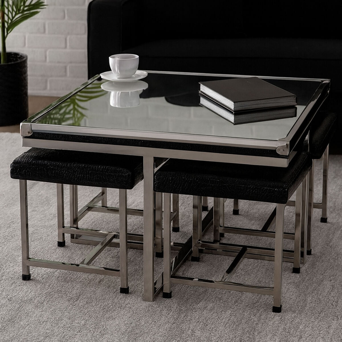 Orsina Carla 5-Piece Crocodile Leather Effect Coffee Table and Stool Set