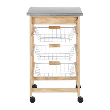 Orsina Harlow Glenn Kitchen Trolley – 3 Wire Baskets & Pinewood