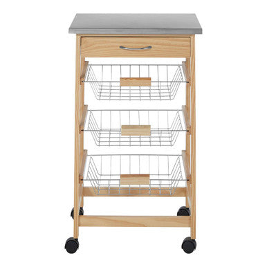 Orsina Harlow Glenn Kitchen Trolley – 3 Wire Baskets & Pinewood