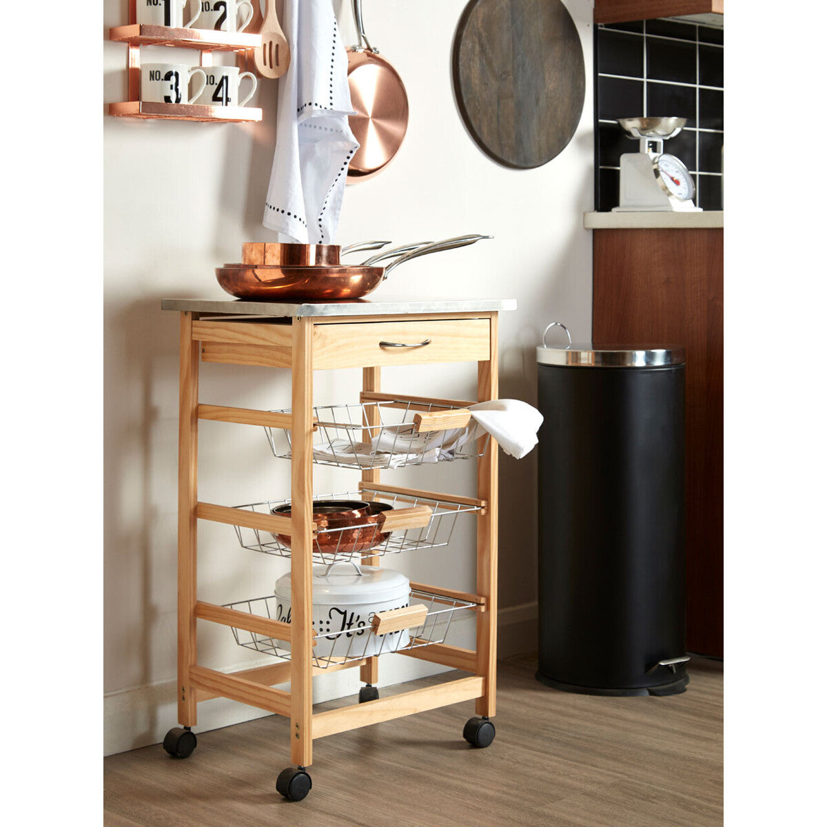 Orsina Harlow Glenn Kitchen Trolley – 3 Wire Baskets & Pinewood