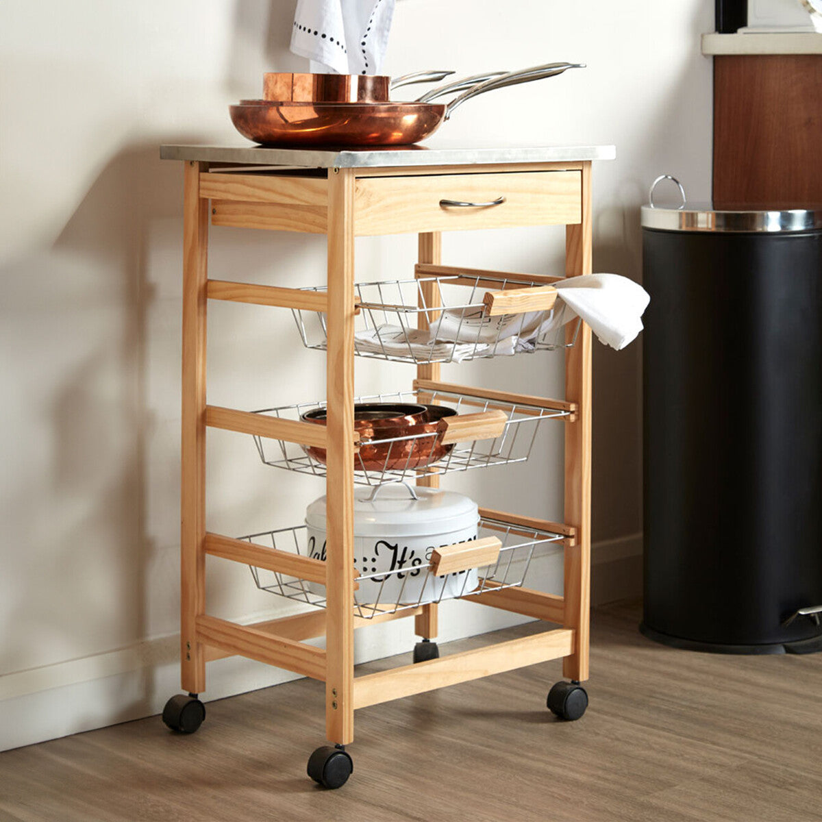 Orsina Harlow Glenn Kitchen Trolley – 3 Wire Baskets & Pinewood