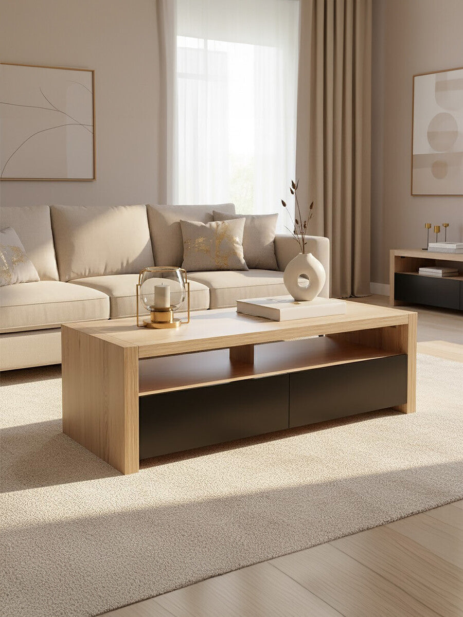 Orsina Loki Coffee Table – Solid Wood with 2 Black Gloss Drawers