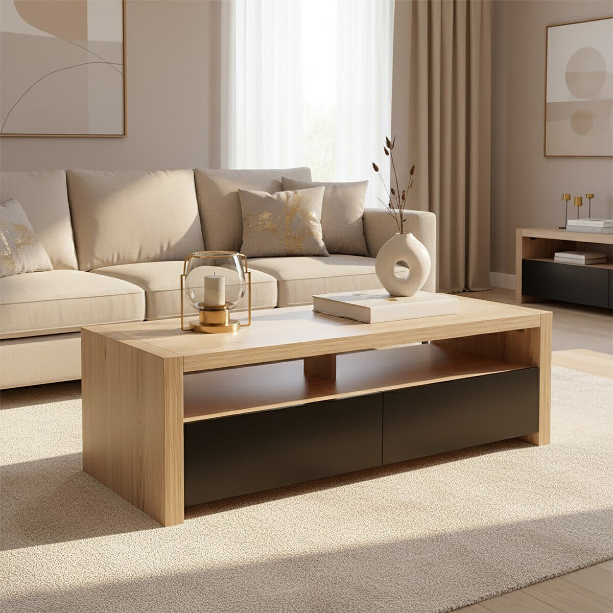 Orsina Loki Coffee Table – Solid Wood with 2 Black Gloss Drawers