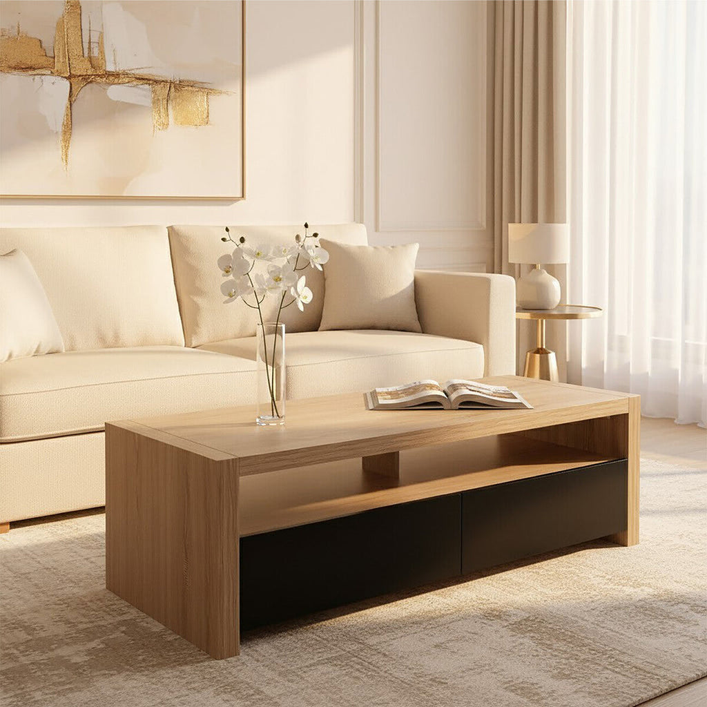 Orsina Loki Coffee Table – Solid Wood with 2 Black Gloss Drawers