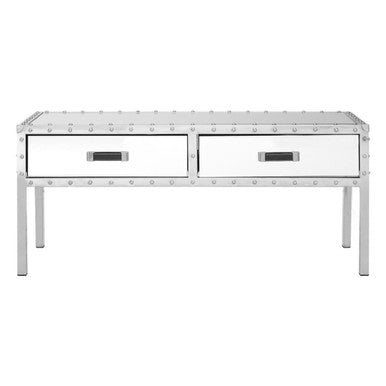 Orsina Rivet Mirrored Coffee Table – Stainless Steel with 2 Drawers