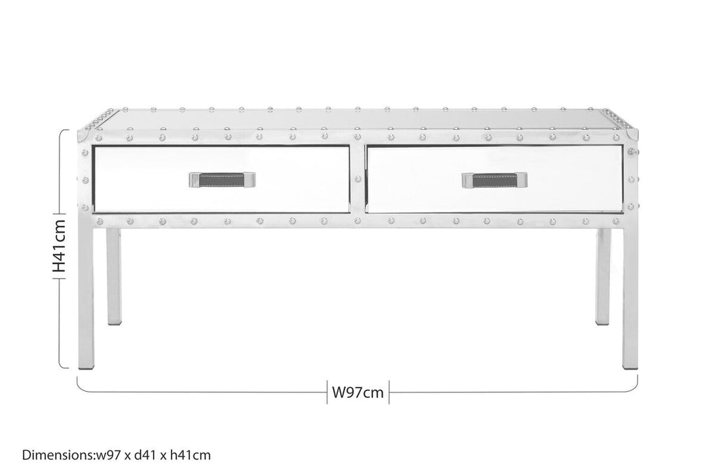 Orsina Rivet Mirrored Coffee Table – Stainless Steel with 2 Drawers