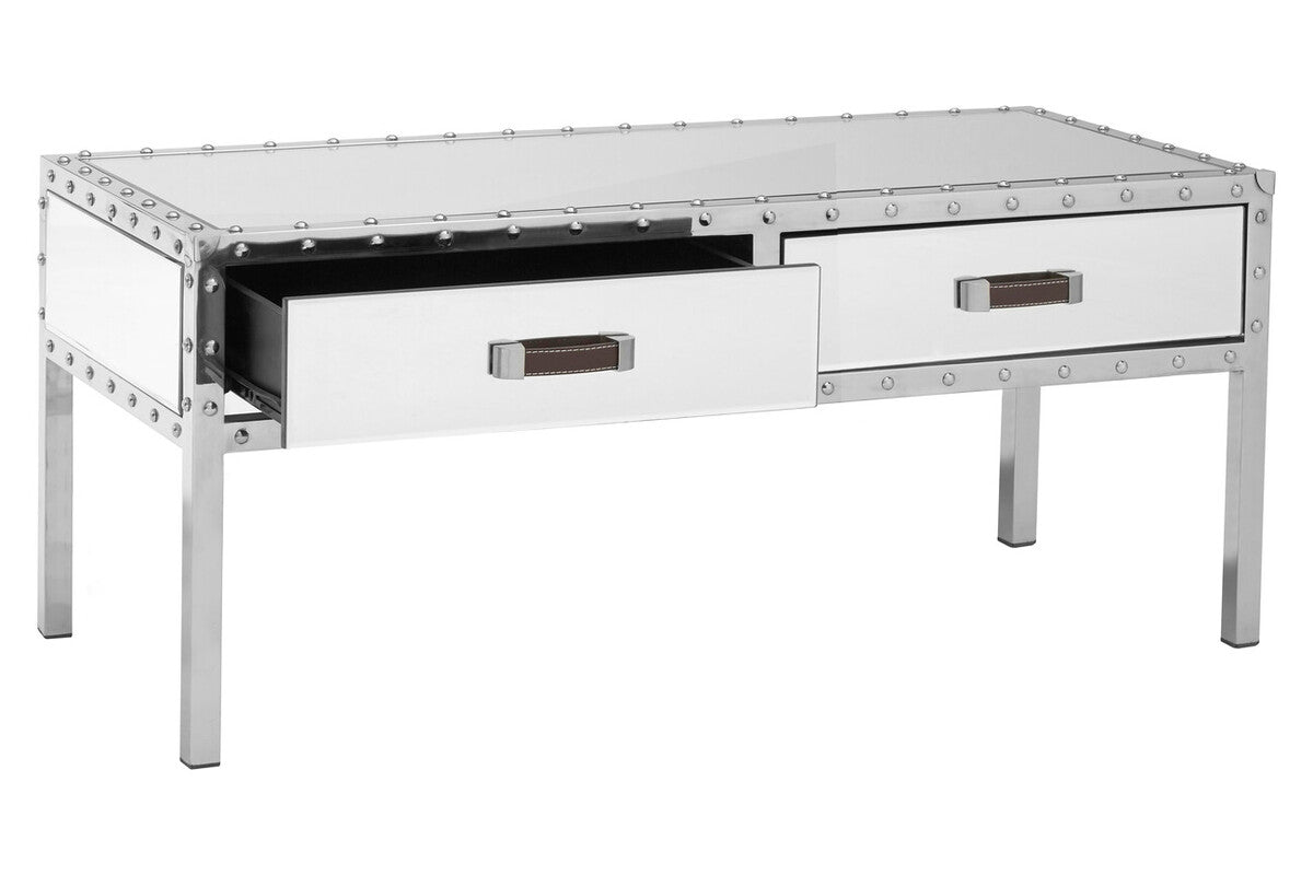 Orsina Rivet Mirrored Coffee Table – Stainless Steel with 2 Drawers