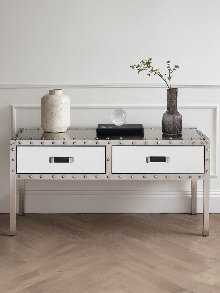 Orsina Rivet Mirrored Coffee Table – Stainless Steel with 2 Drawers