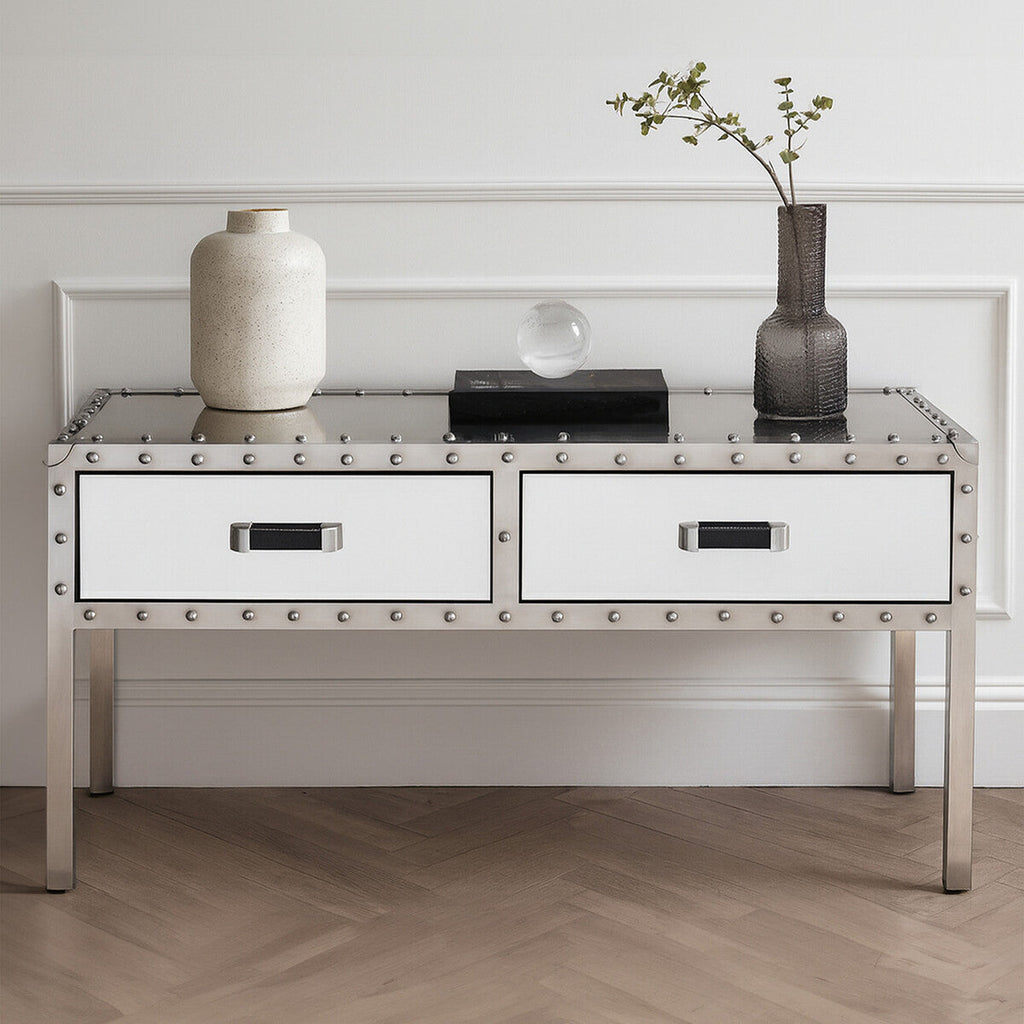 Orsina Rivet Mirrored Coffee Table – Stainless Steel with 2 Drawers