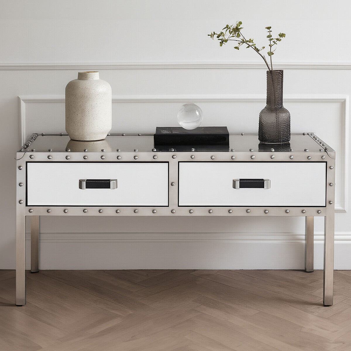 Orsina Rivet Mirrored Coffee Table – Stainless Steel with 2 Drawers