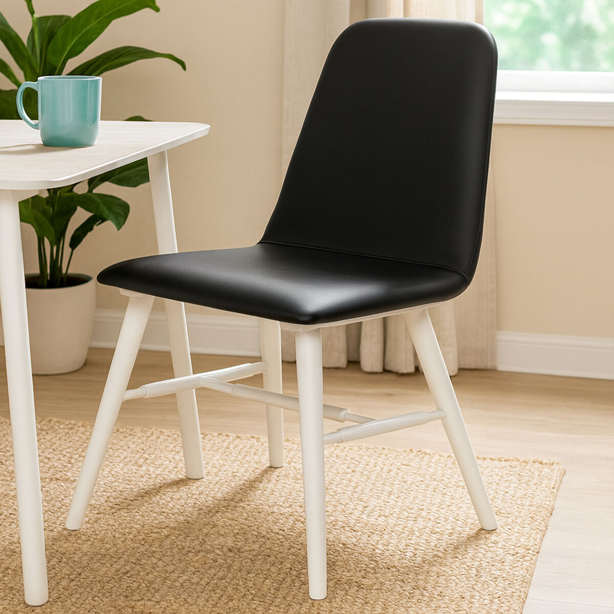 Orsina Cassy Dining Chair | Black Leather Effect with White Wood Legs
