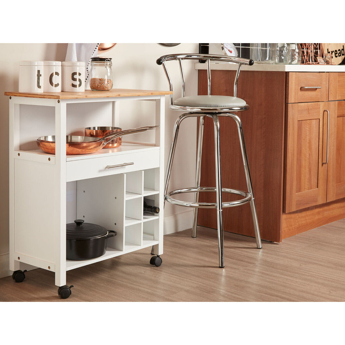 Orsina Harlow Kitchen Trolley – White & Bamboo Mobile Storage Cart
