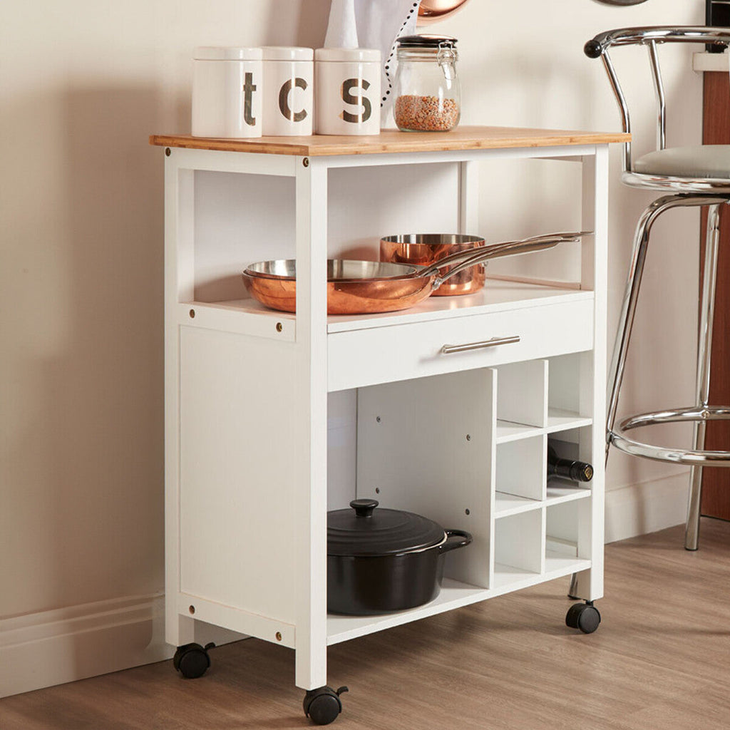 Orsina Harlow Kitchen Trolley – White & Bamboo Mobile Storage Cart