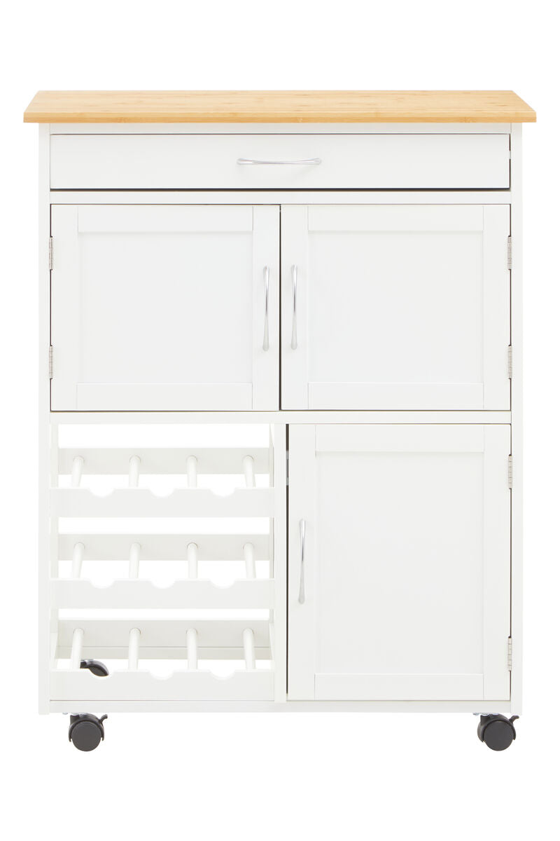 Orsina Harlow Kitchen Trolley – White & Bamboo Rolling Storage Cart
