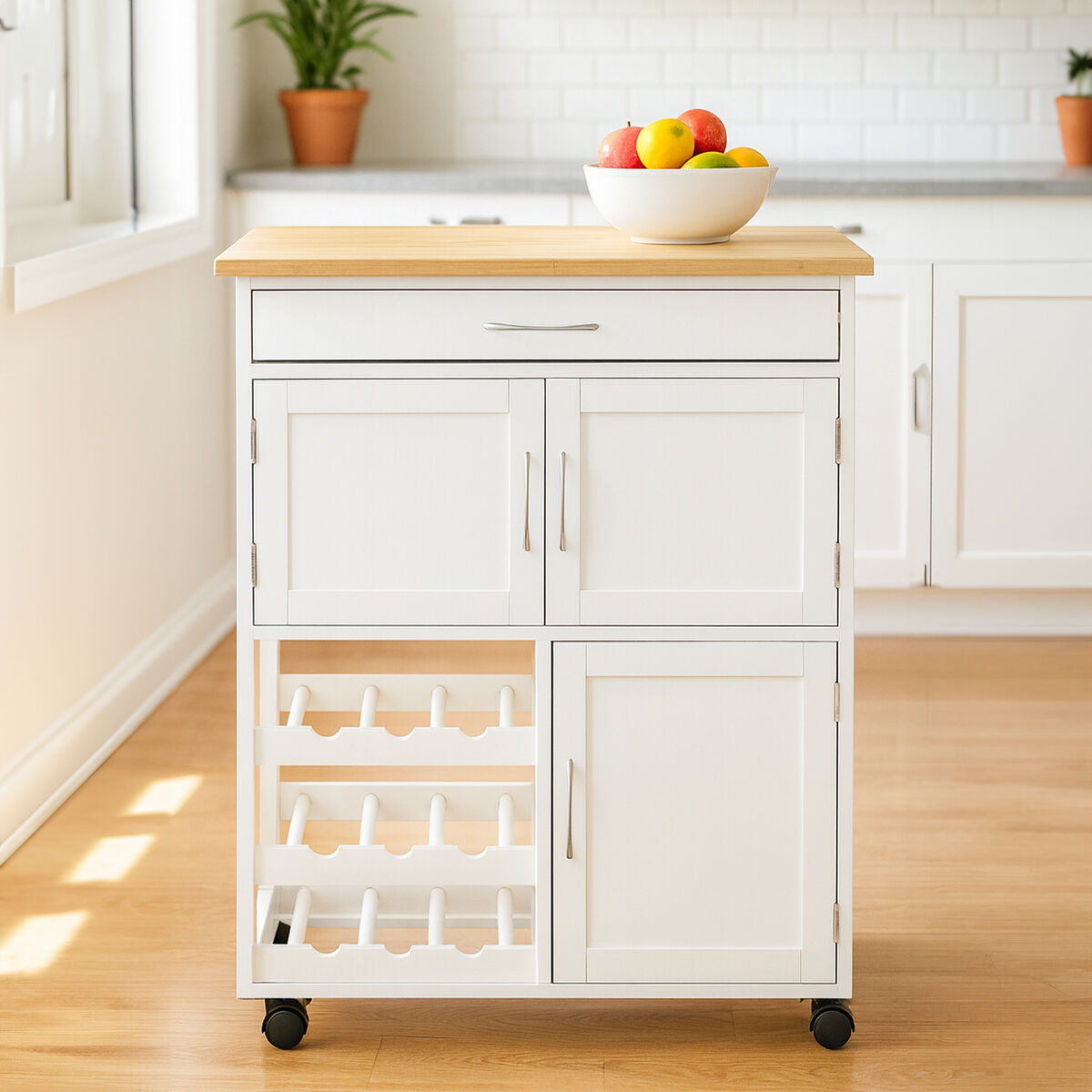 Orsina Harlow Kitchen Trolley – White & Bamboo Rolling Storage Cart