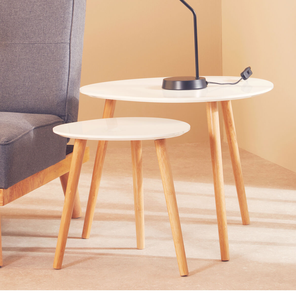 Orsina Nostra Nest of 2 Tables | White High Gloss & Natural Wood