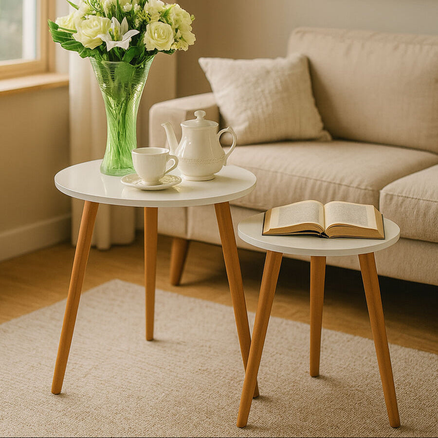 Orsina Nostra Nest of 2 Round Tables - White High Gloss & Wood