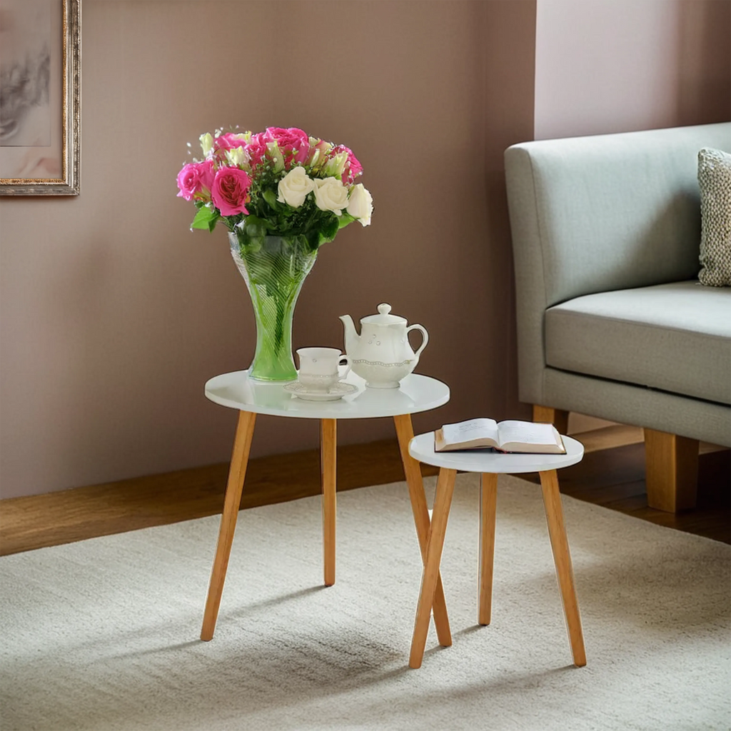 Orsina Nostra Nest of 2 Round Tables - White High Gloss & Wood