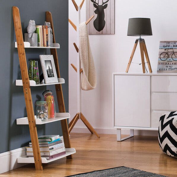 Orsina Nostra 4-Tier Ladder Shelf – Modern Wood and White Display Unit