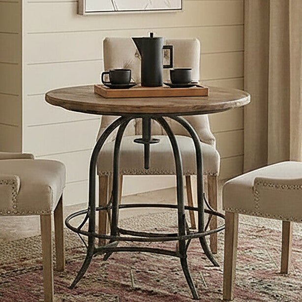 Orsina Round Side Table – Adjustable Fir Wood & Industrial Metal Base
