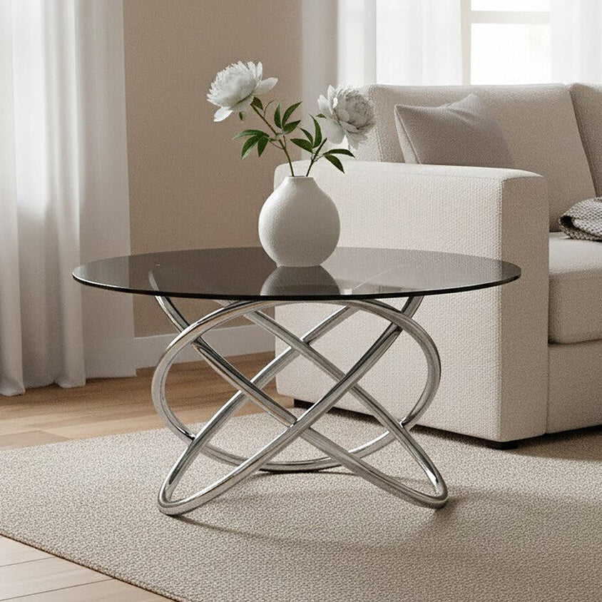 Orsina Cassy Smoked Glass Side Table | Round Silver Steel Frame