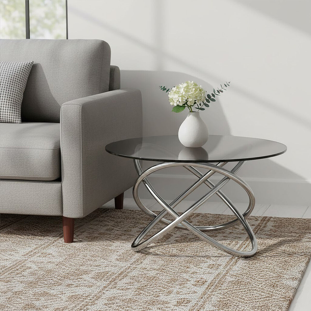 Orsina Cassy Smoked Glass Side Table | Round Silver Steel Frame