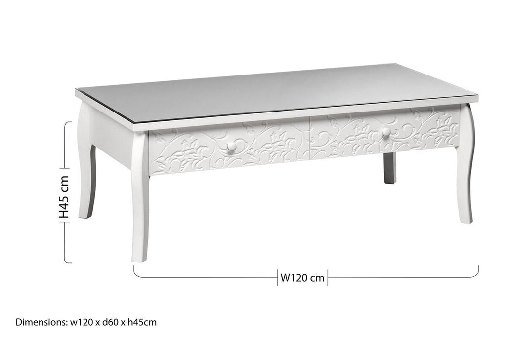 Orsina Chamonix White Coffee Table – Glass Top with 2 Drawers
