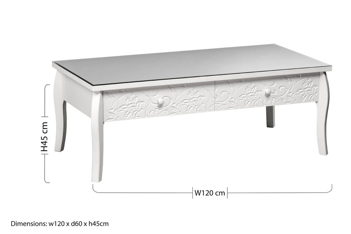 Orsina Chamonix White Coffee Table – Glass Top with 2 Drawers