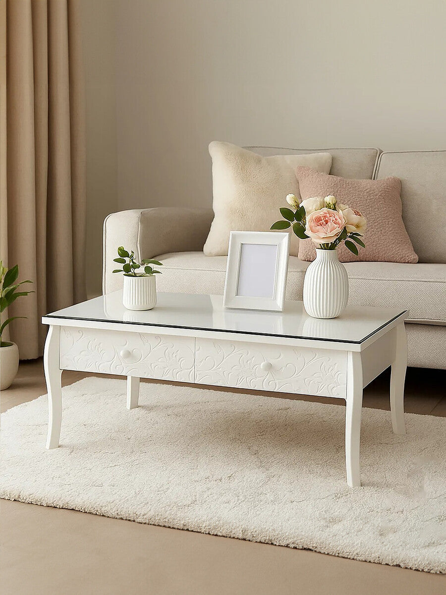 Orsina Chamonix White Coffee Table – Glass Top with 2 Drawers