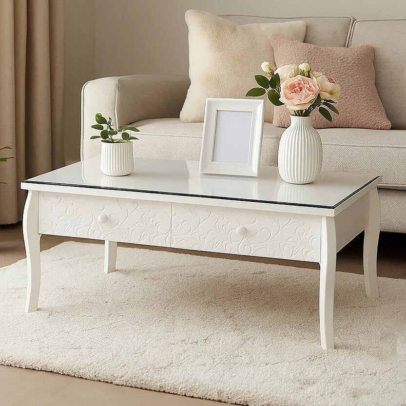 Orsina Chamonix White Coffee Table – Glass Top with 2 Drawers