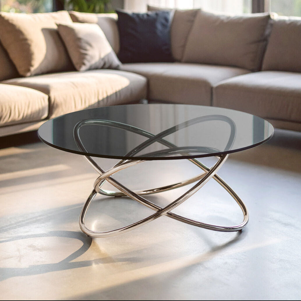 Orsina Cassy Coffee Table – Round Smoked Glass & Stainless Steel