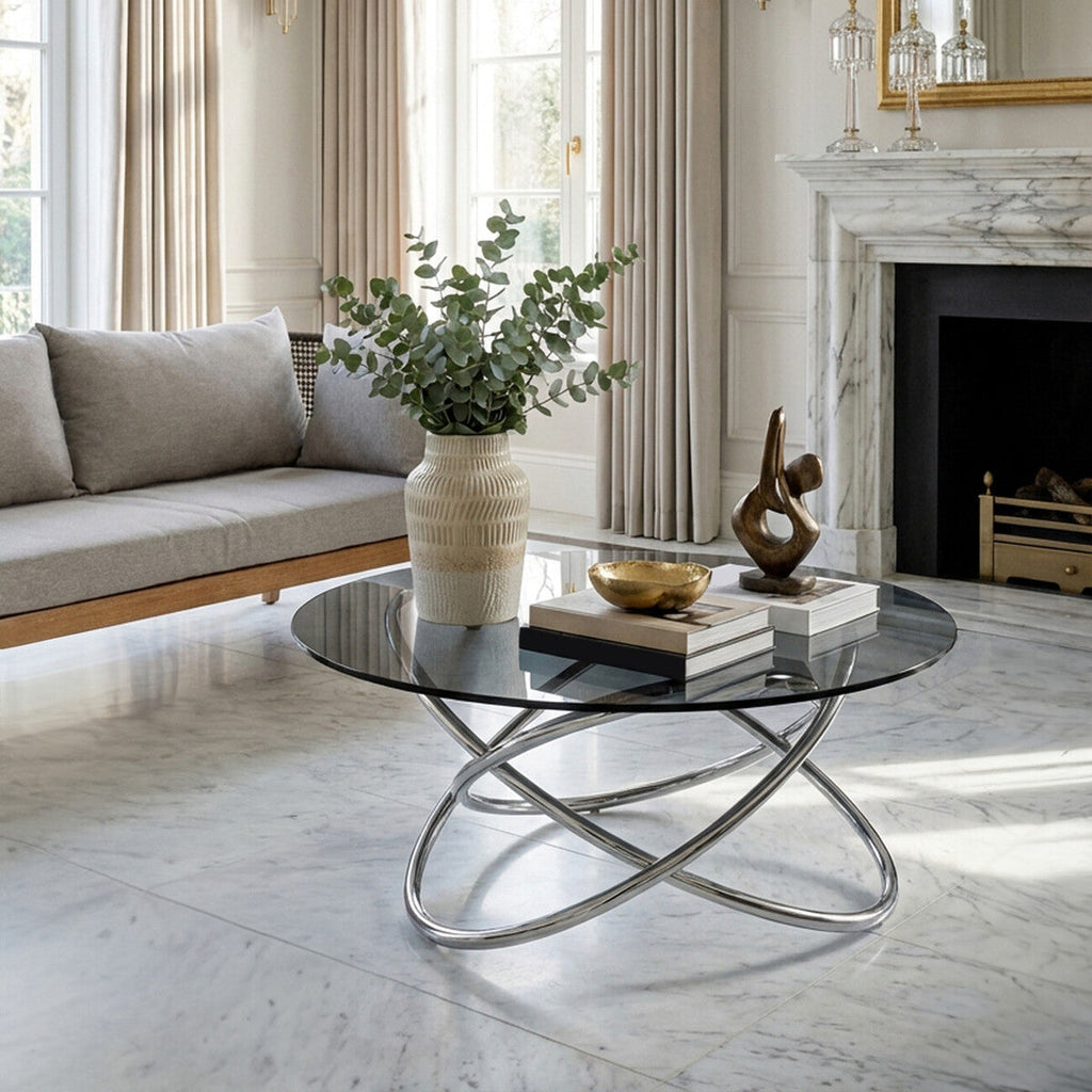 Orsina Cassy Coffee Table – Round Smoked Glass & Stainless Steel