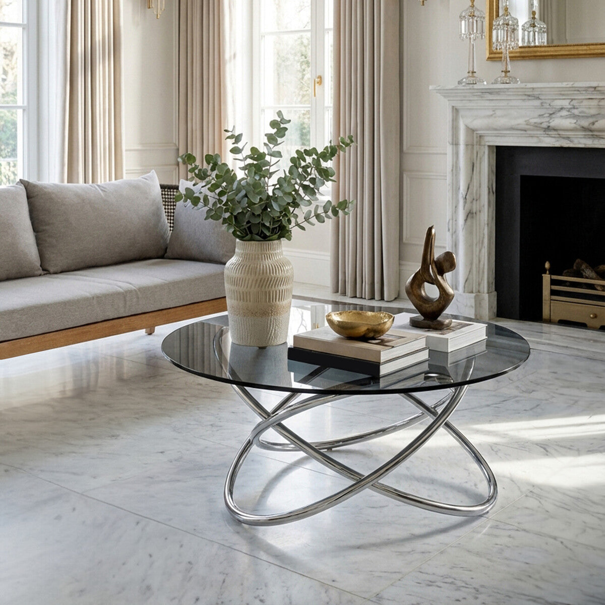 Orsina Cassy Coffee Table – Round Smoked Glass & Stainless Steel