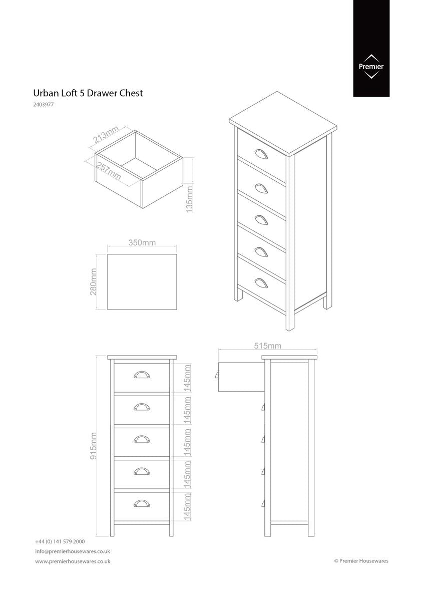 Orsina Urban Loft 5-Drawer Chest – Rustic Timber Tallboy Dresser