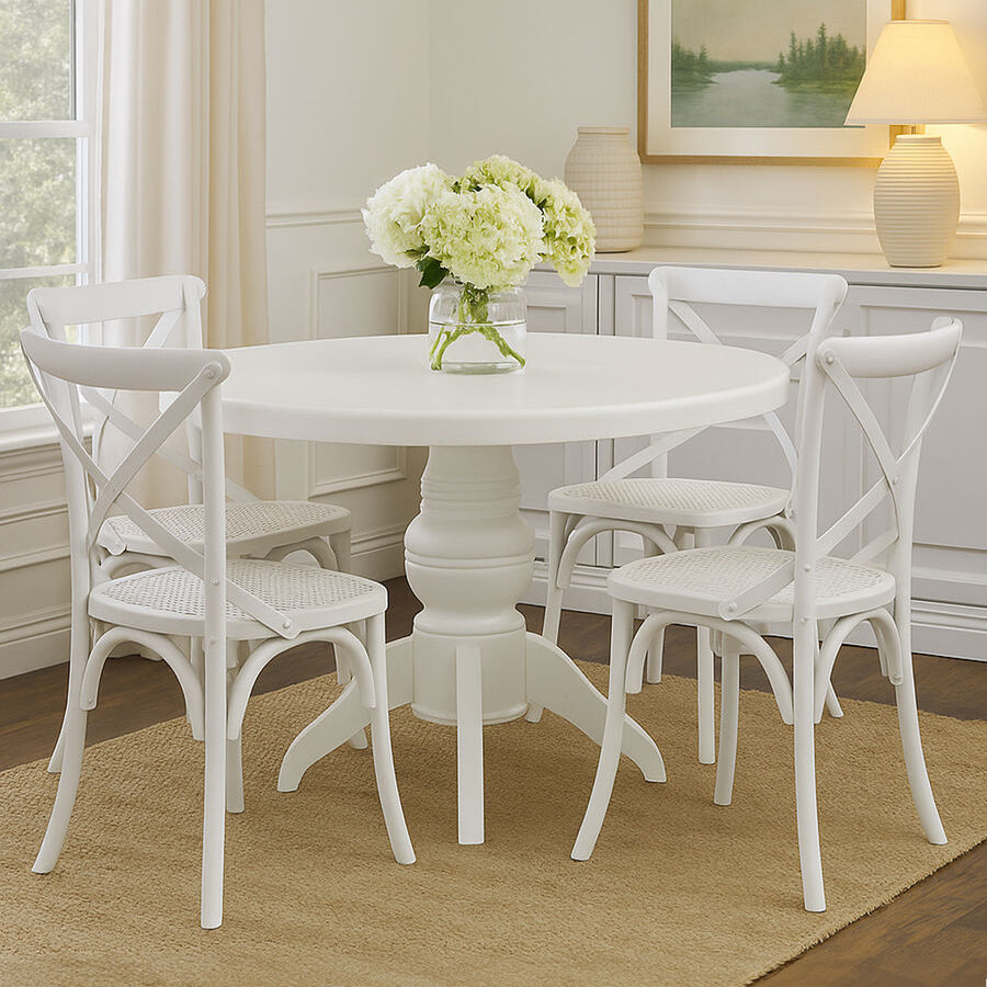 Orsina Vermont Round Dining Table and 4 Chairs Set | White Wash